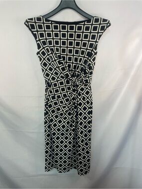 Lauren Ralph Lauren faux wrap black & white dress with a boat neck, neck line.